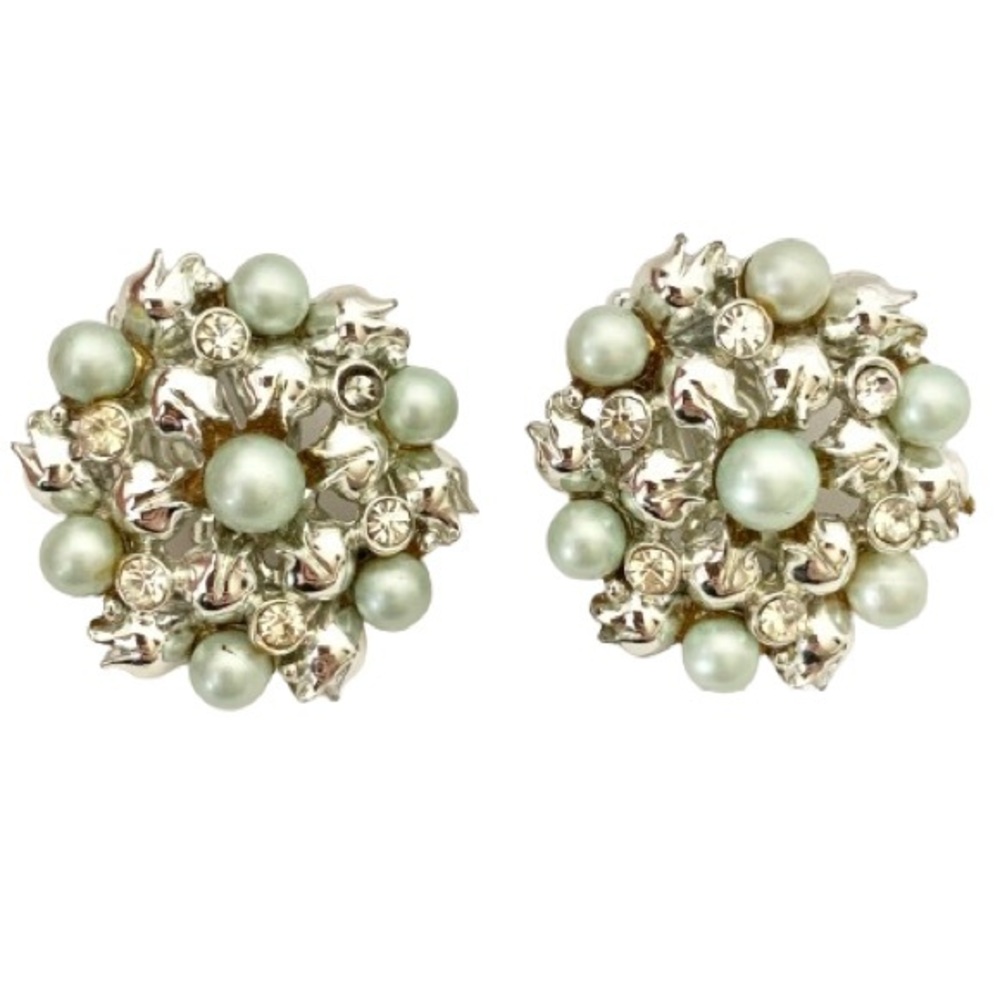 Vintage Signed Beau Jewels Mint Green Cluster Pearl Rhinestone Clip On Earrings
